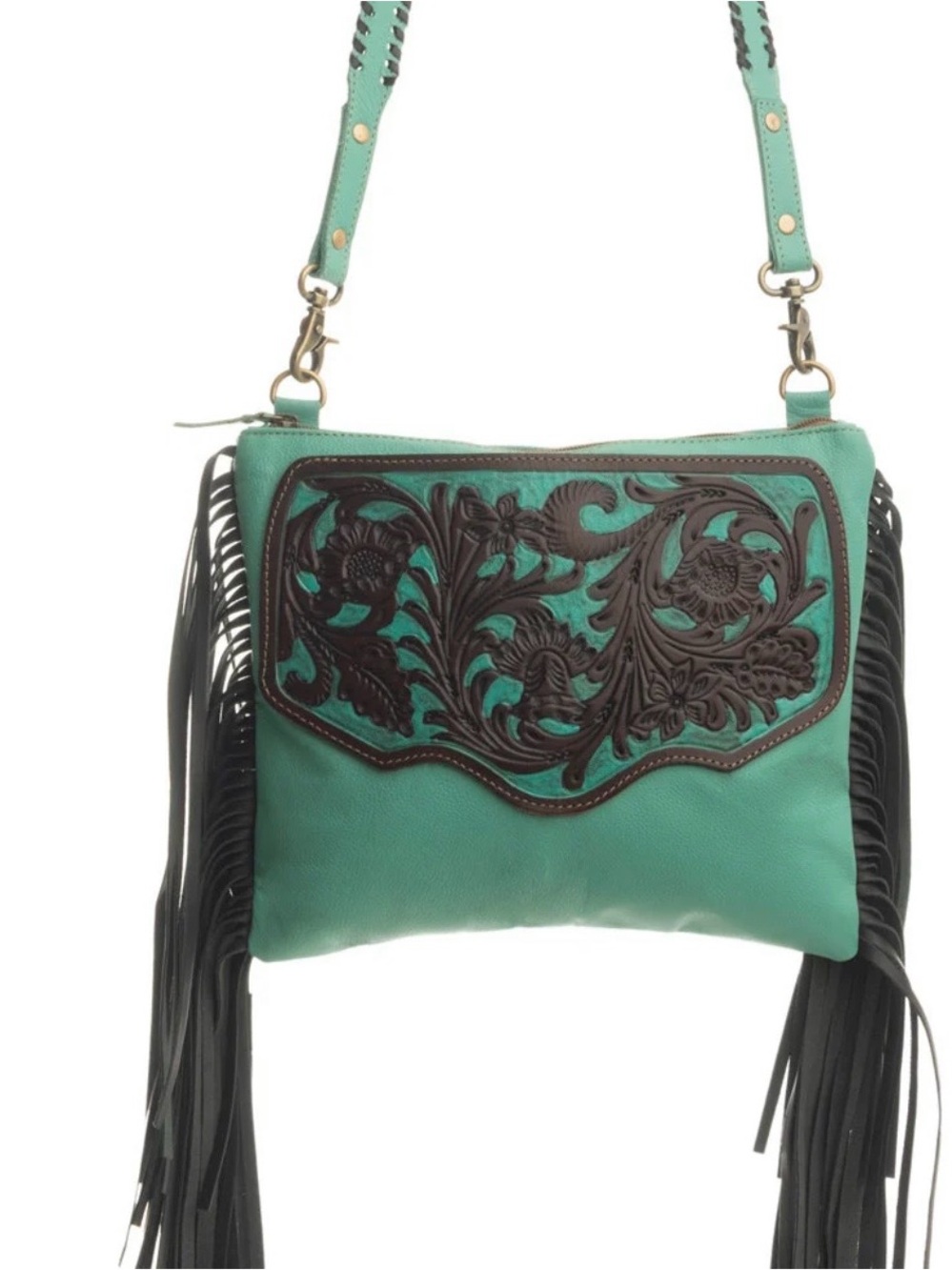 Myra Bag Turquoise and Black Leather Fringe Crossbody with Floral Overlay